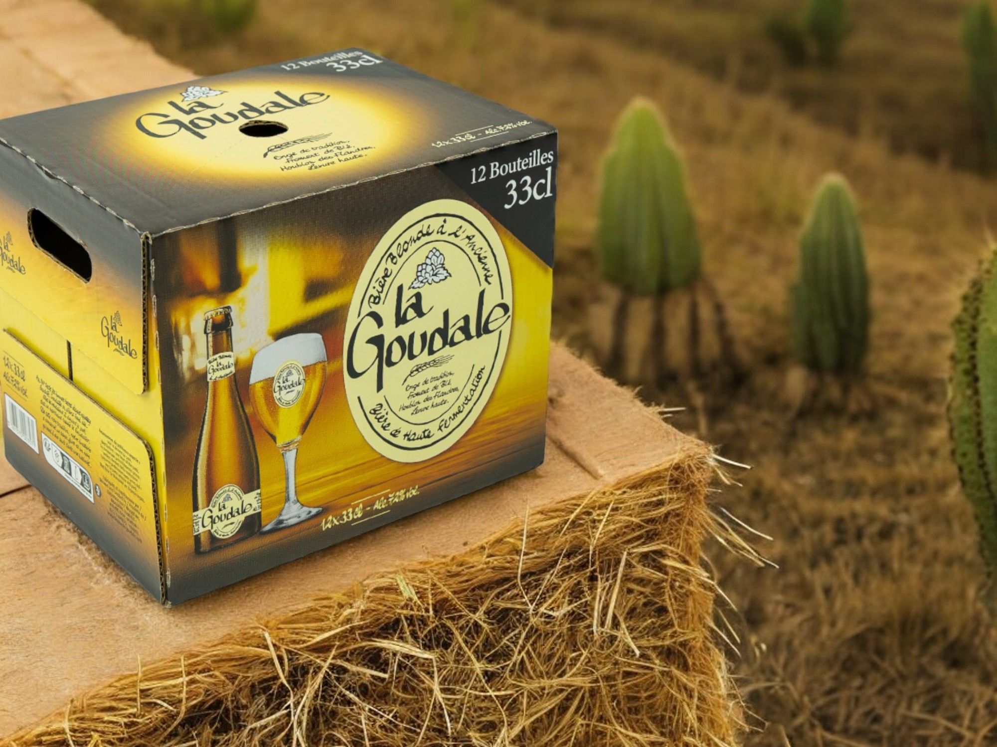 Wrap de bières La Goudale, mettant en avant des éléments graphiques modernes marrons et jaunes et un décor représentant une bouteille et un verre.