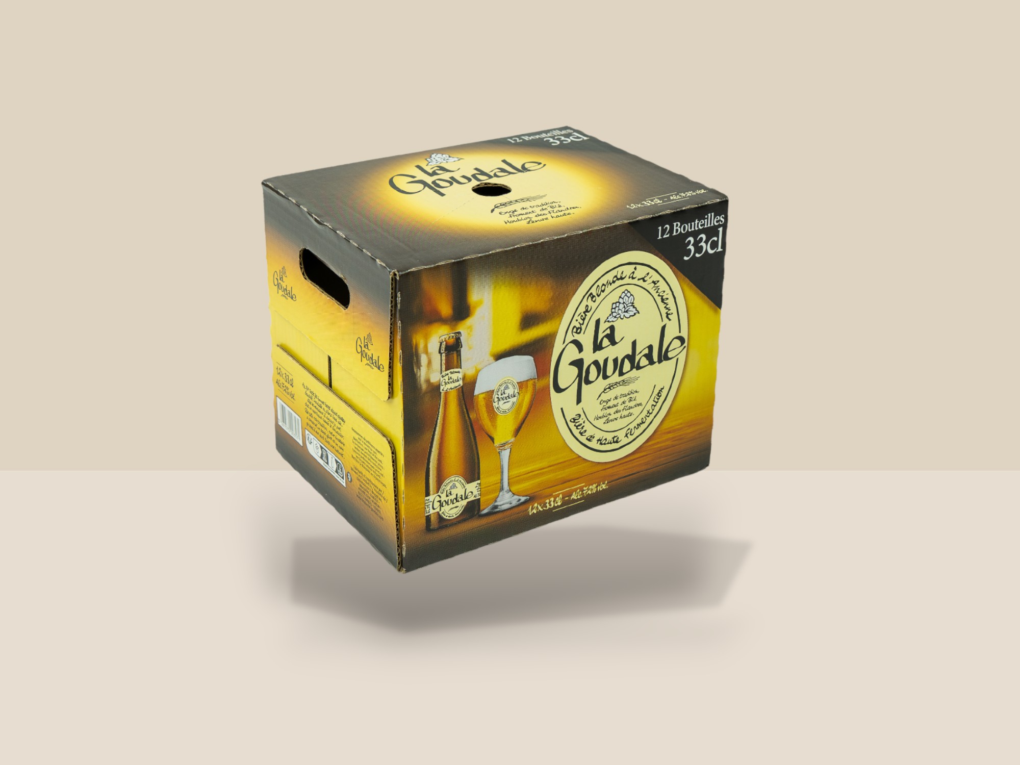 Wrap de bières La Goudale, mettant en avant des éléments graphiques modernes marrons et jaunes et un décor représentant une bouteille et un verre.