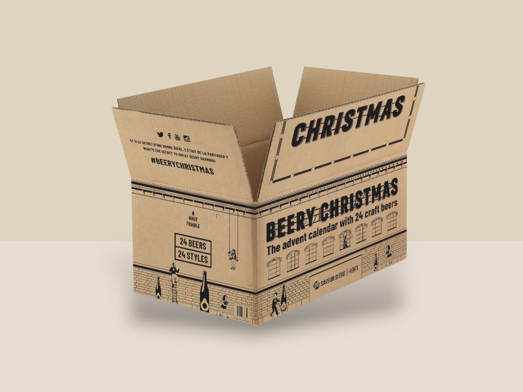 Une caisse en carton kraft avec des illustrations noires avec la mention Beery Christmas, destinée à contenir des produits de brasserie.