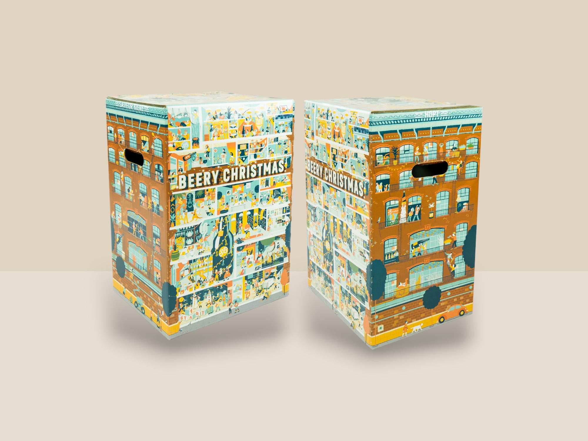 Deux boites en carton illustrées avec un mur en briques et les inscriptions Berry Christmas. Il s’agit de calendrier de l’avent pour de la bière, destinés à être utilisé sur le mois de décembre.