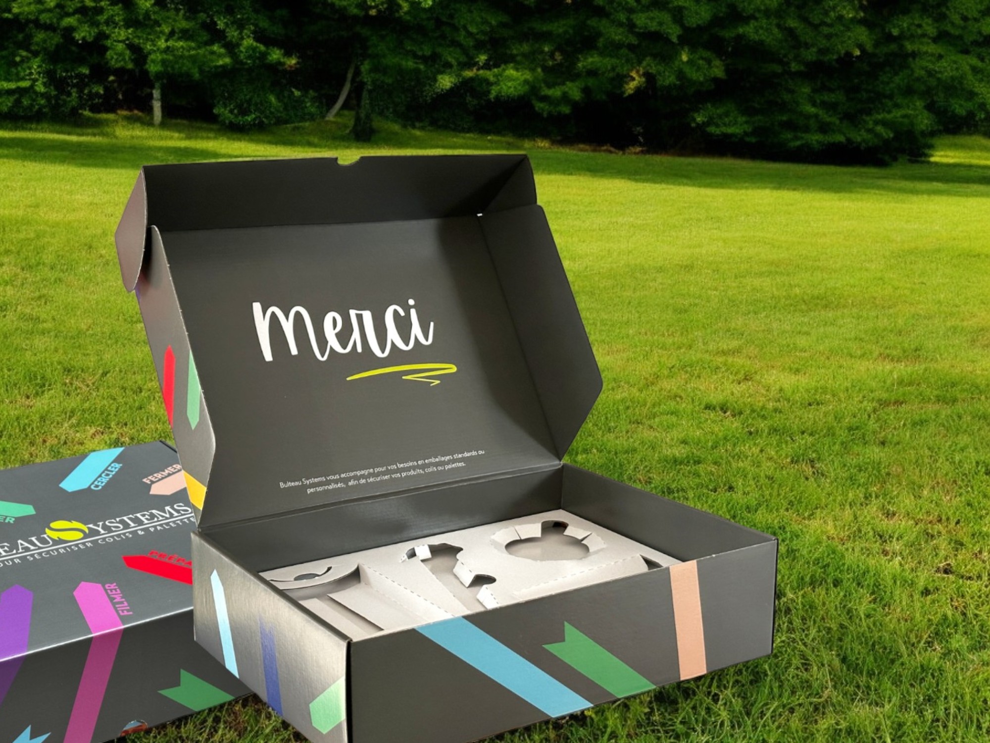 Une boite verte, ouverte avec des articles à l'intérieur, scotch, cutter et gobelet.