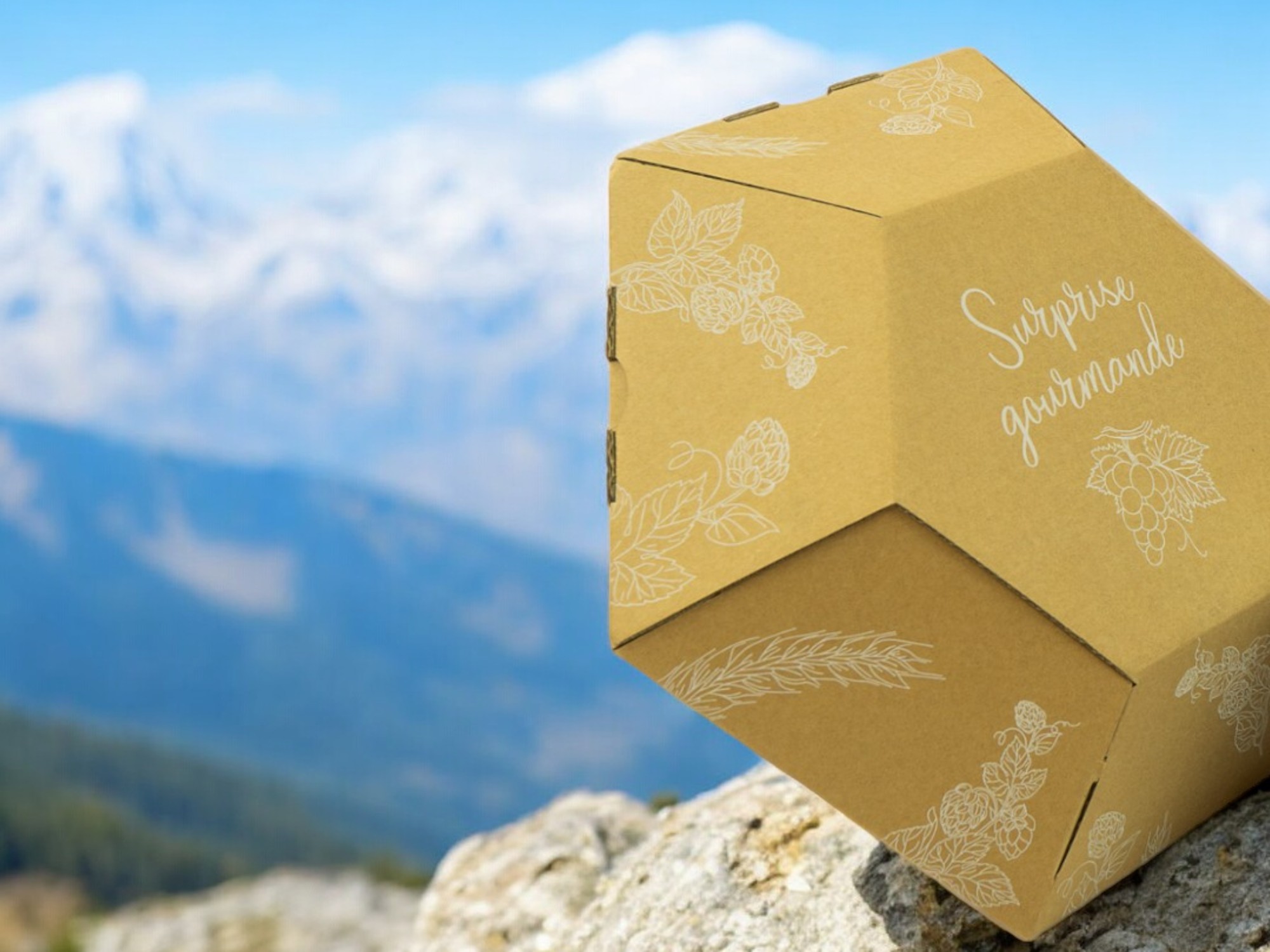 Packaging pour contenir des bouteilles de bière. Le coffret est en forme de diamant de couleur marron avec des reflets et l'inscription la gourmandise à l'état brut.