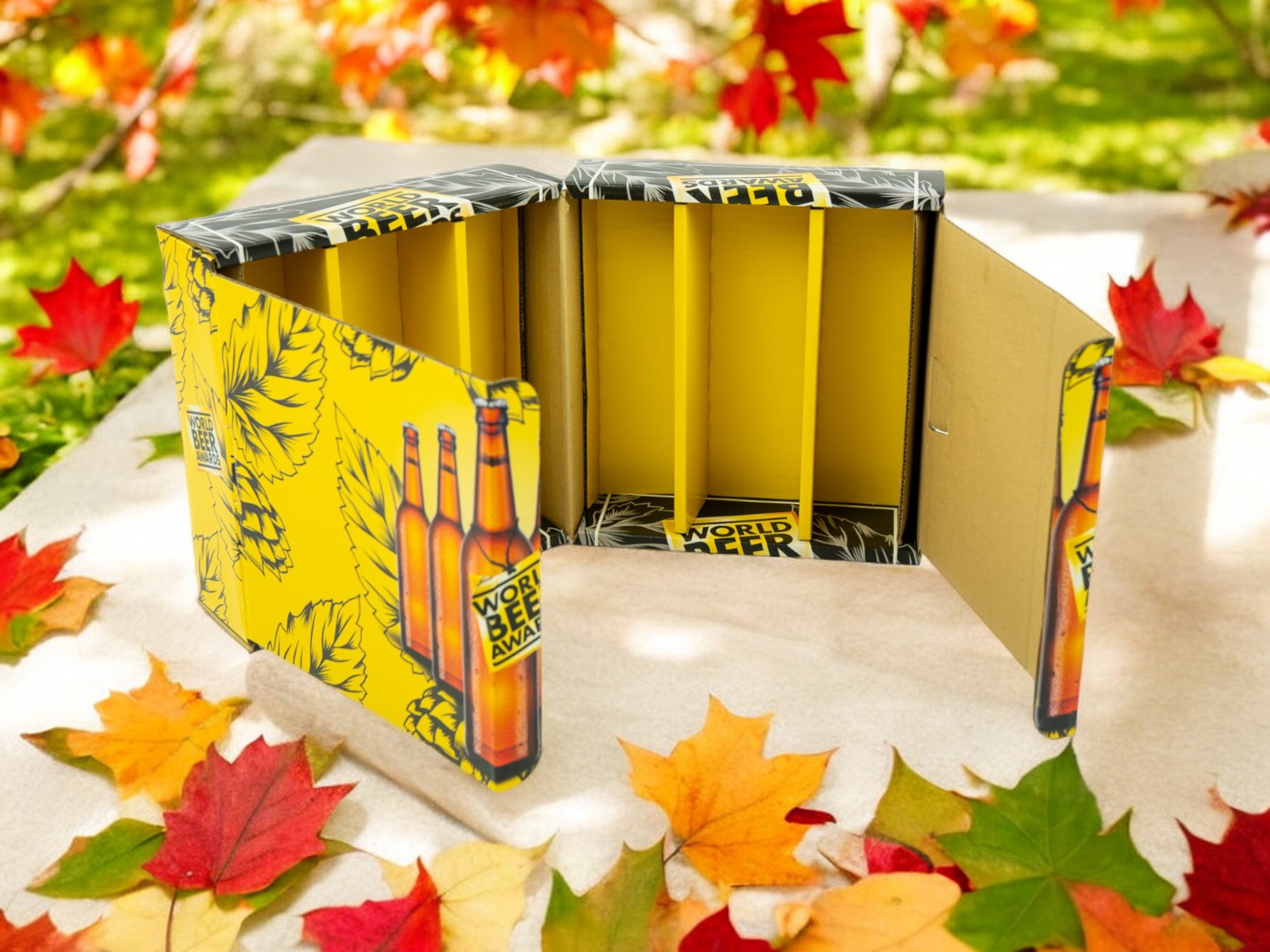 Une boîte dépliante contenant un visuel de bouteilles de bières. Le packaging est de couleur jaune et noir. Il y a des emplacements pour ranger les bouteilles.