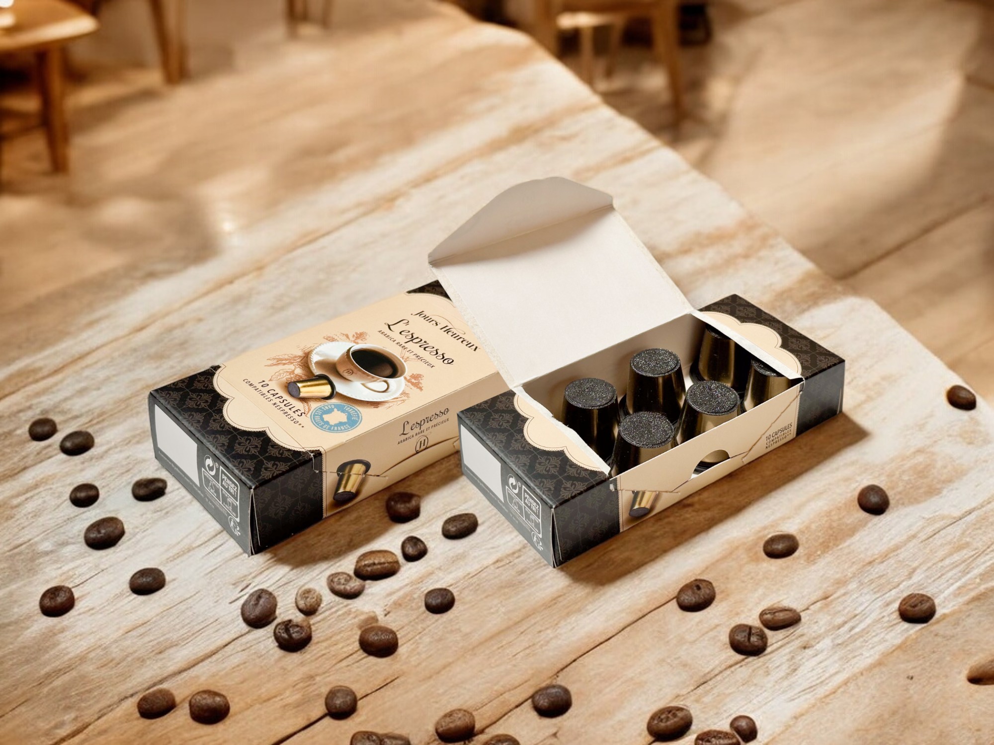 L'image montre une boîte ouverte contenant des capsules de café expresso, disposées sur une surface en bois clair. Autour de la boîte, plusieurs grains de café sont éparpillés, créant une ambiance chaleureuse et authentique. L'emballage est de couleur sombre avec des motifs élégants, et les capsules sont de couleur noire, avec un aspect légèrement brillant.