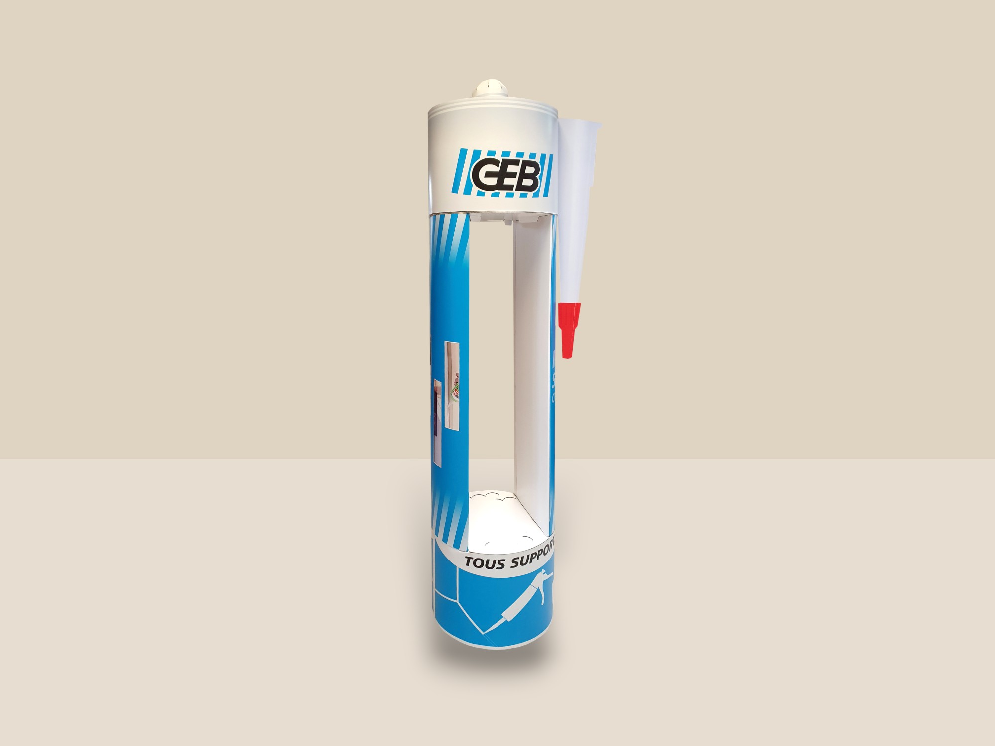 PLV originale de couleur bleue et blanche avec le logo GEB. La PLV est en forme de tube de mastic et destinée à présenter des produits en magasins.
