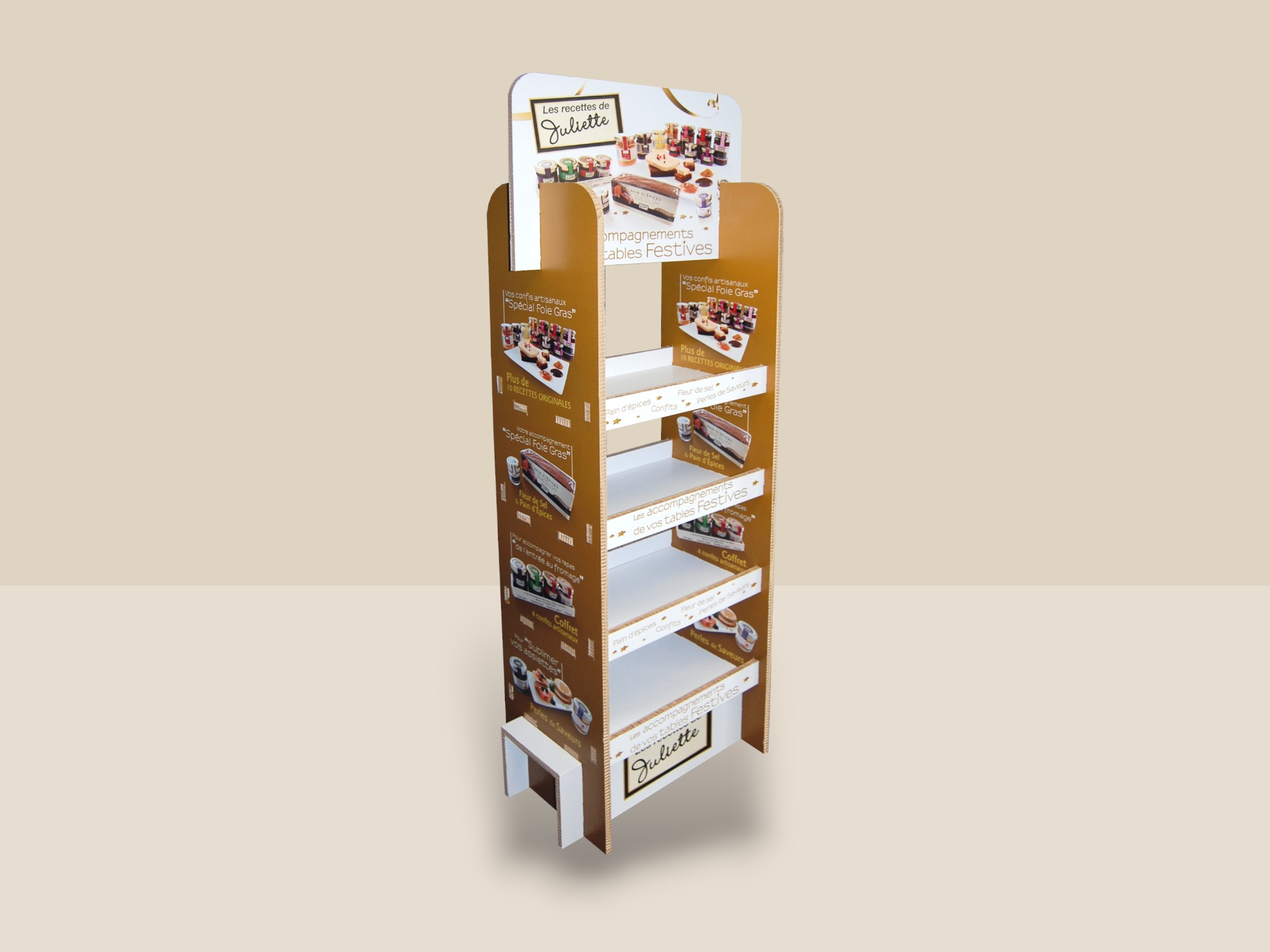 Meuble reboard aux couleurs marron et blancl avec le logo Les recettes de Juliette. Le meuble est composé de 4 étages afin d’y présenter des produits en magasin.