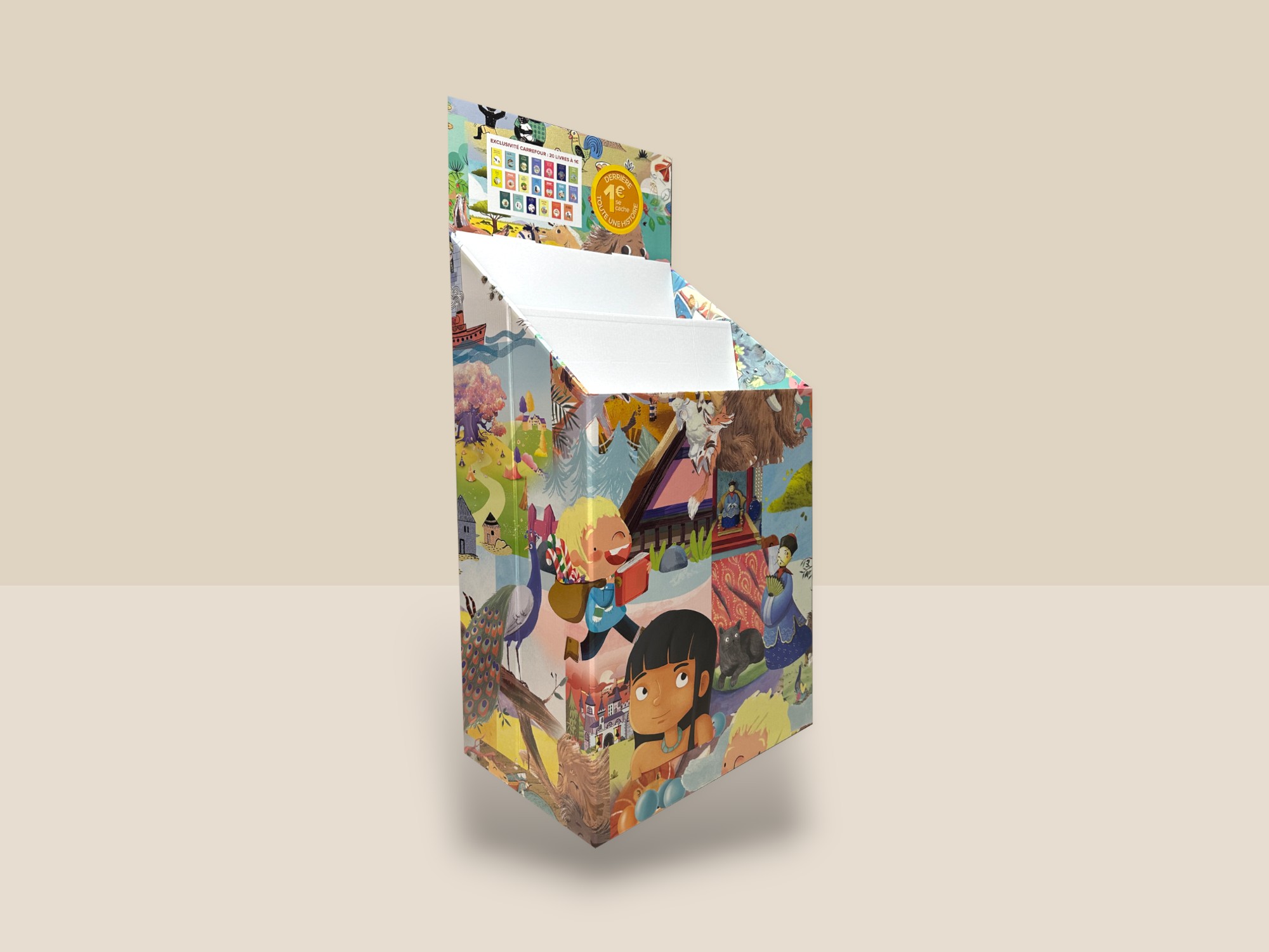 Box 2 marches avec fronton avec des illustrations variées de dessins. Cette PLV est destinée à présenter des livres à 1 euro pour les enfants.