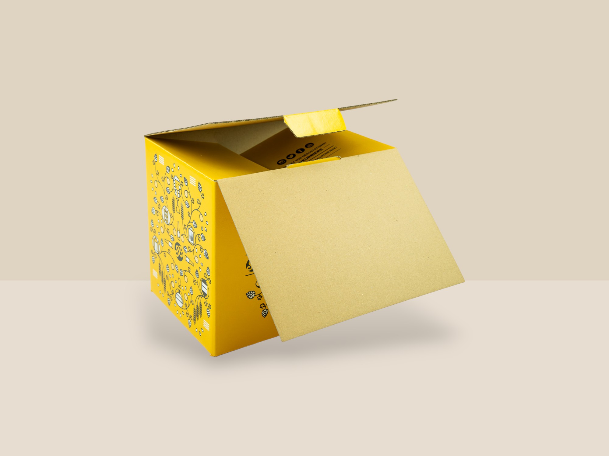 coffret carton de couleur jaune avec le texte saveur bière. Cette boite en carton est destinée à contenir du matériel de fabrication de bière