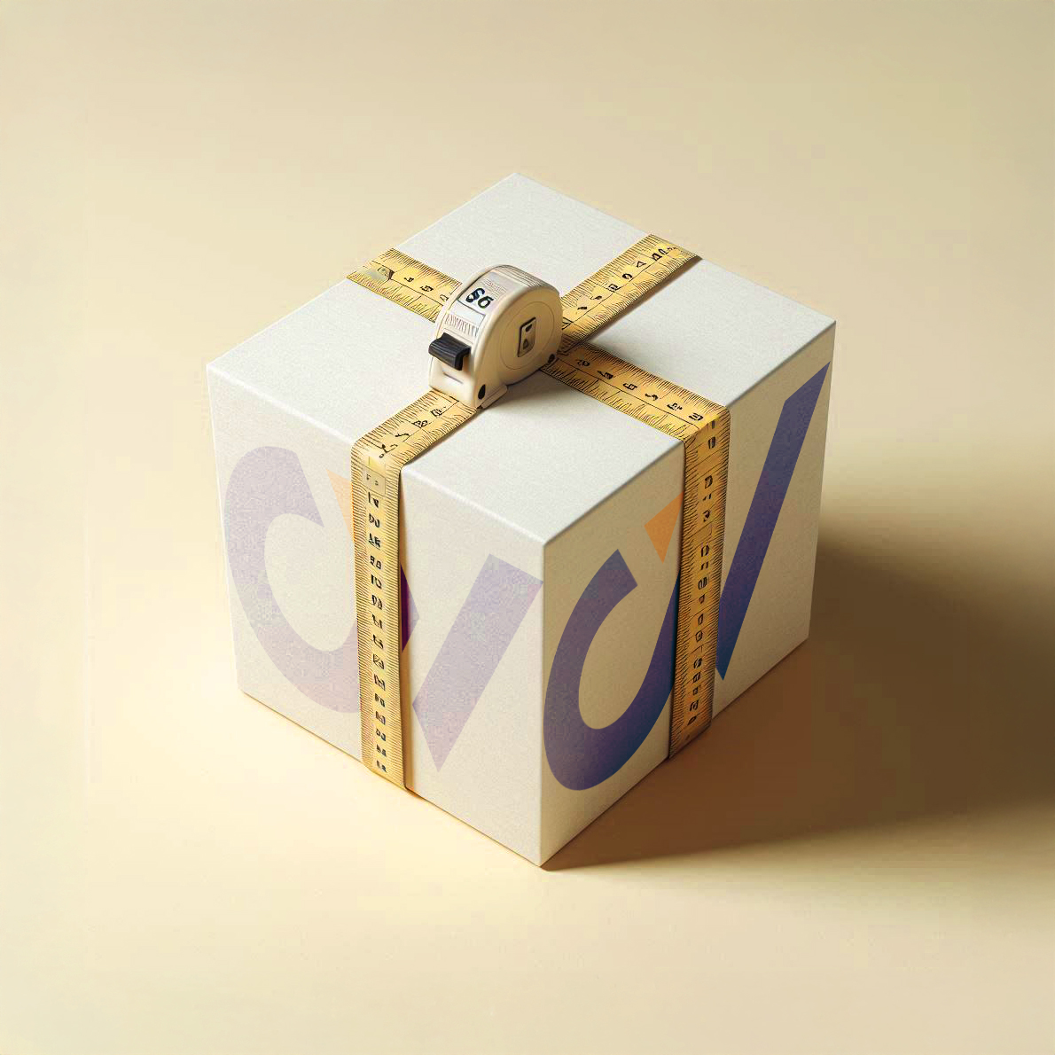 boite carton avec un ruban mètre qui mesure les faces de l'emballage