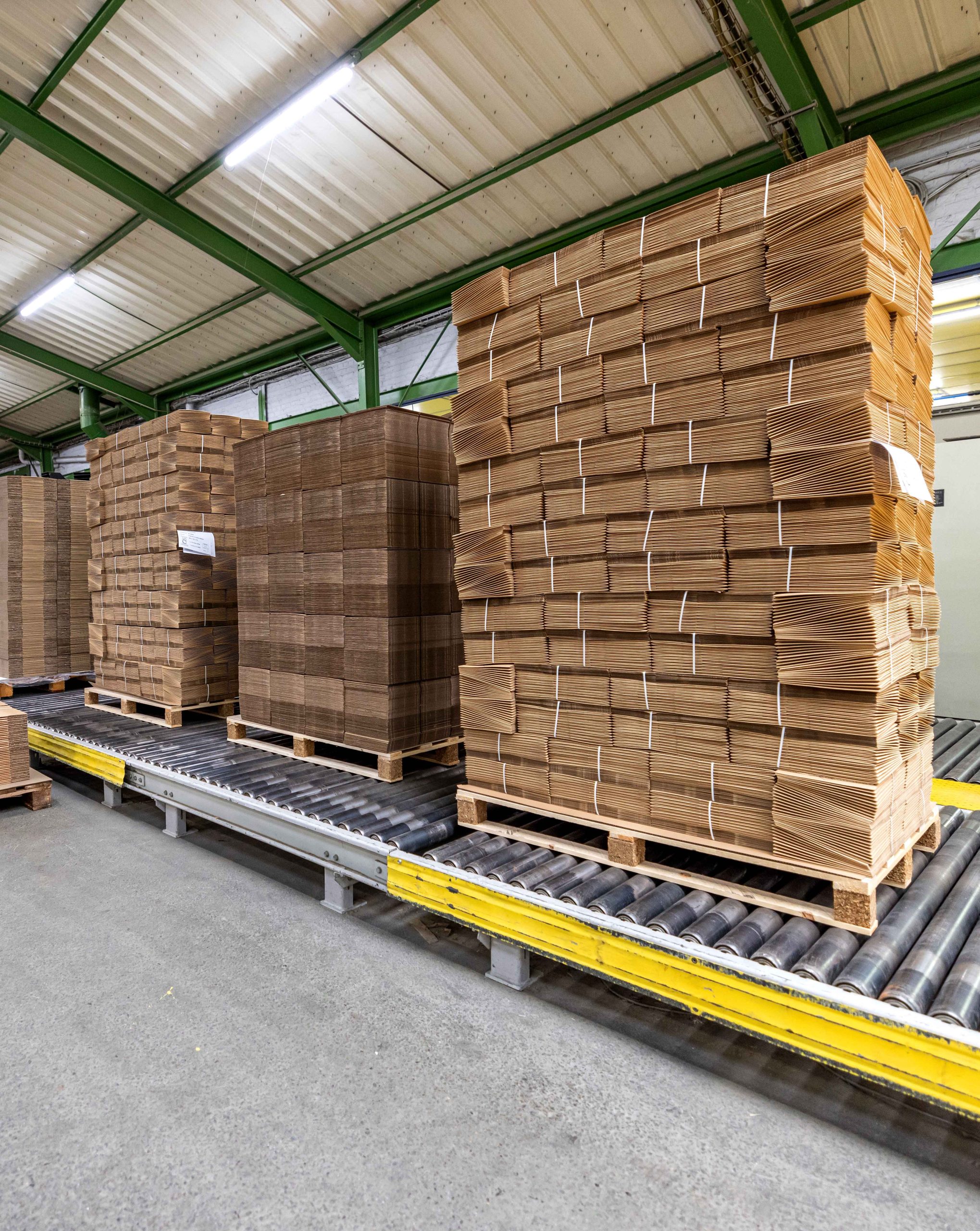 des paquets de carton empilés et conditionnés sur des palettes