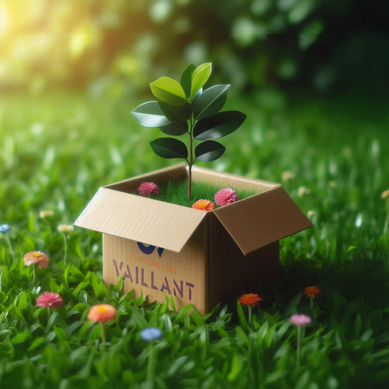 une caisse en carton ouverte avec une plante et des fleurs