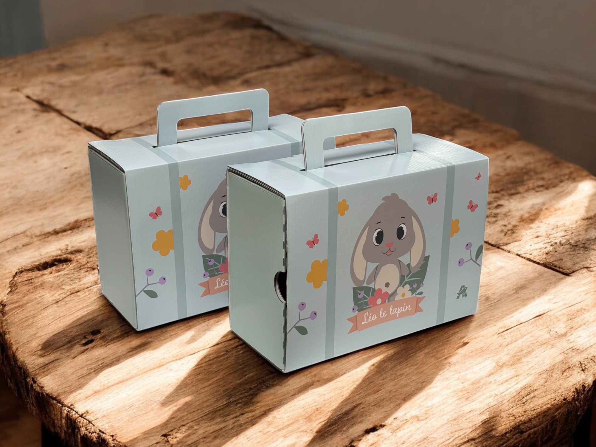 boite en carton avec des illustrations de lapins et de papillons. Le packaging comporte une poignée de transport intégrée et en carton